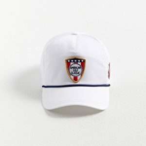 American Golf Classic hat front view with woven patch and rope visor by Boldhatmaker.