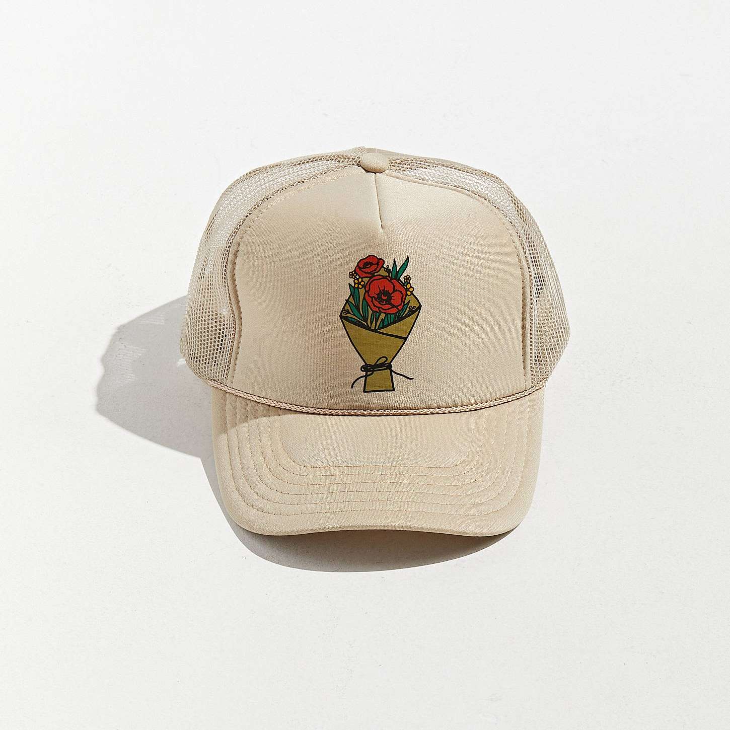 Front view of Heat Transfer Rose Bouquet Trucker Hat – custom 5-panel foam trucker cap by Boldhatmaker