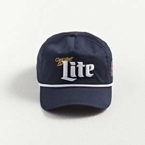 Front view of the Miller Light Golf Hat with 3D embroidery logo and rope detail by Boldhatmaker