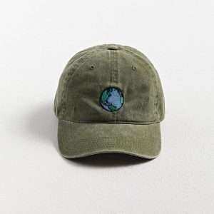 Front view of Earth embroidered washed baseball hat made from stone-washed cotton twill by Boldhatmaker.