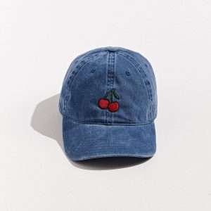 Cherry dad hat front view featuring embroidered cherry logo on washed cotton by Boldhatmaker.