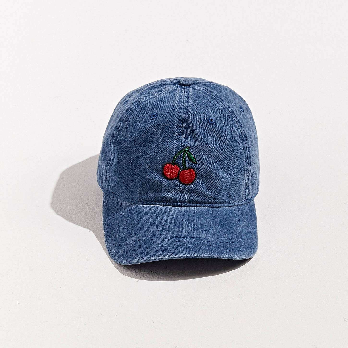 Cherry dad hat front view featuring embroidered cherry logo on washed cotton by Boldhatmaker.