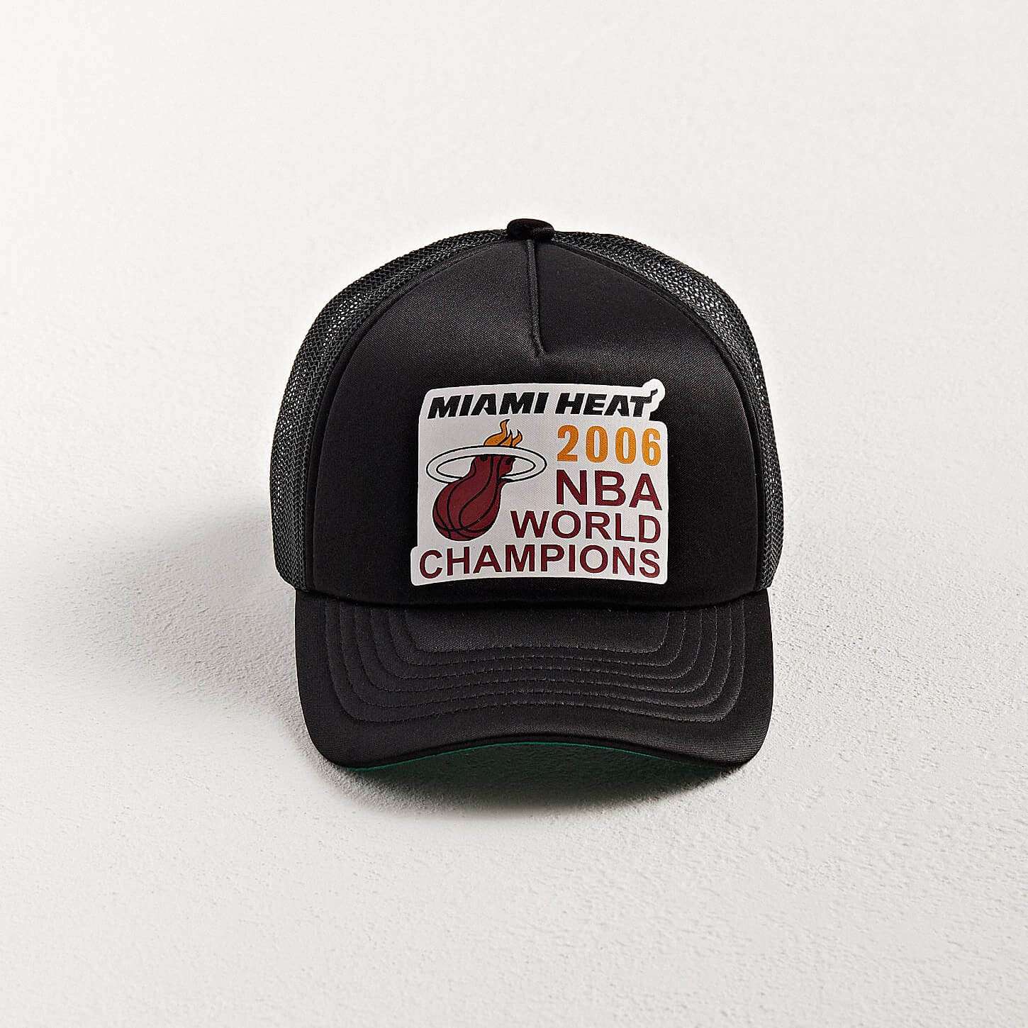 Miami Heat Champions Trucker Hat front view with screen print logo and foam panel by Boldhatmaker