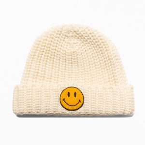 Smiley Patch Acrylic Beanie front view with flat embroidered smiley logo by Boldhatmaker