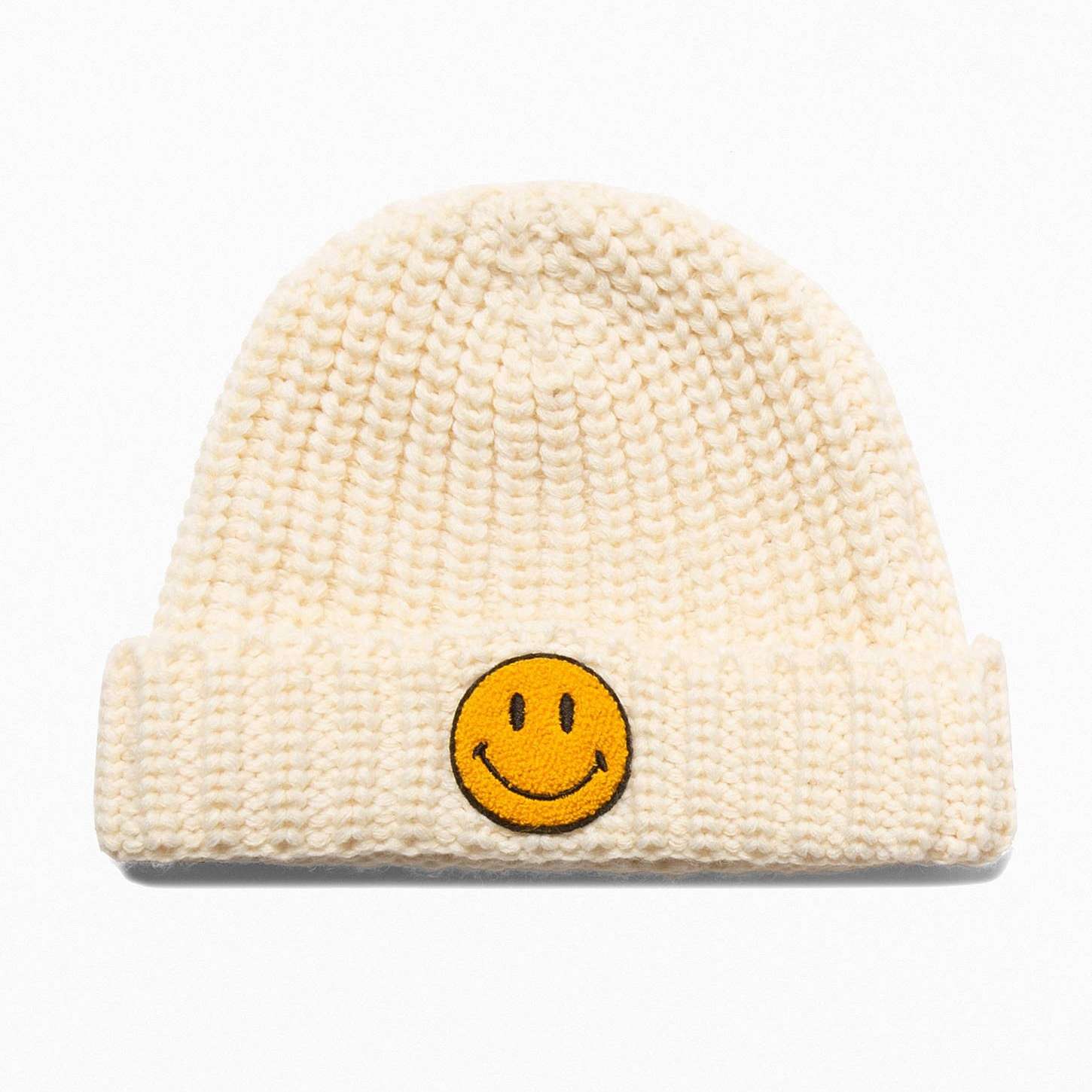 Smiley Patch Acrylic Beanie front view with flat embroidered smiley logo by Boldhatmaker