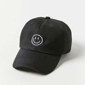 Black smile embroidered baseball cap with flat embroidery on front panel