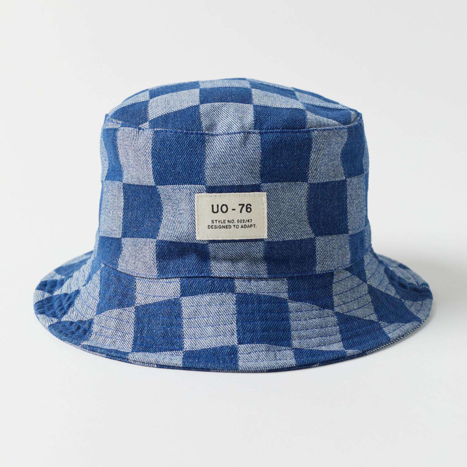 Custom checkered bucket hat with all-over checkerboard print and shallow crown