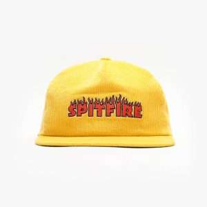 Front view of flat embroidery corduroy 5 panel cap made from cotton corduroy by Boldhatmaker.