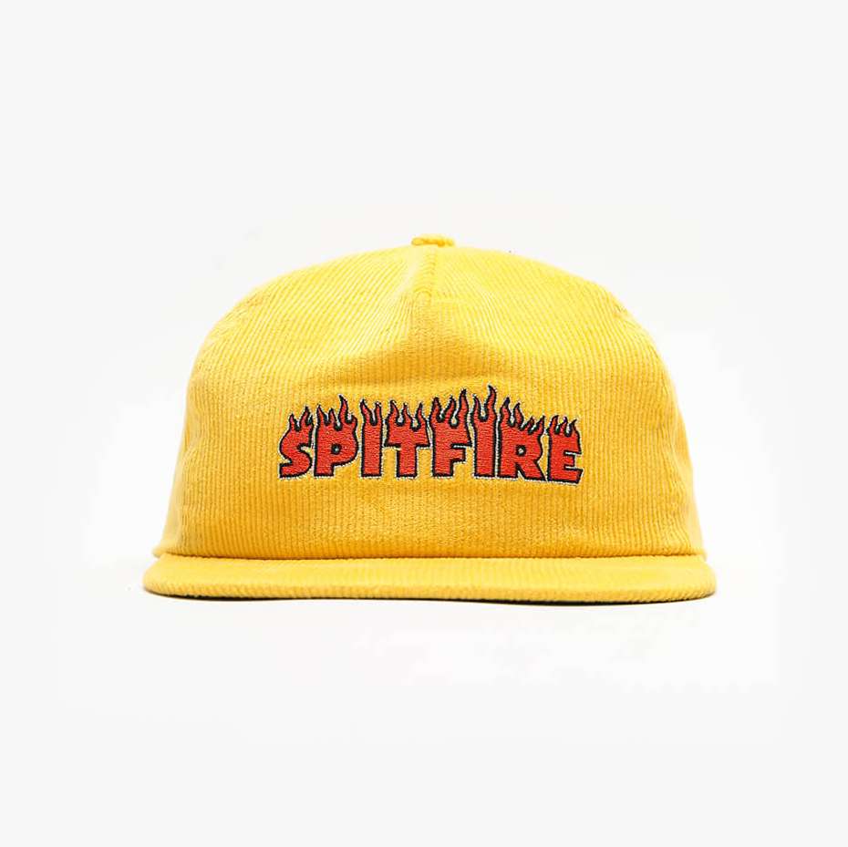 Front view of flat embroidery corduroy 5 panel cap made from cotton corduroy by Boldhatmaker.