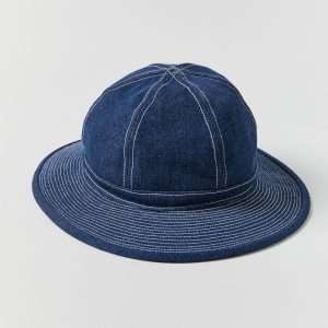 Six panel round bucket hat made from cotton denim with paneled crown construction