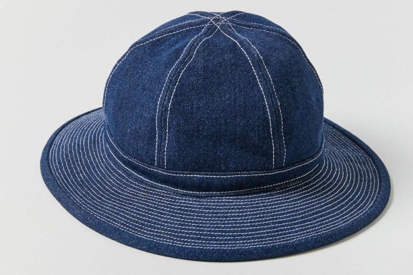 Six panel round bucket hat made from cotton denim with paneled crown construction