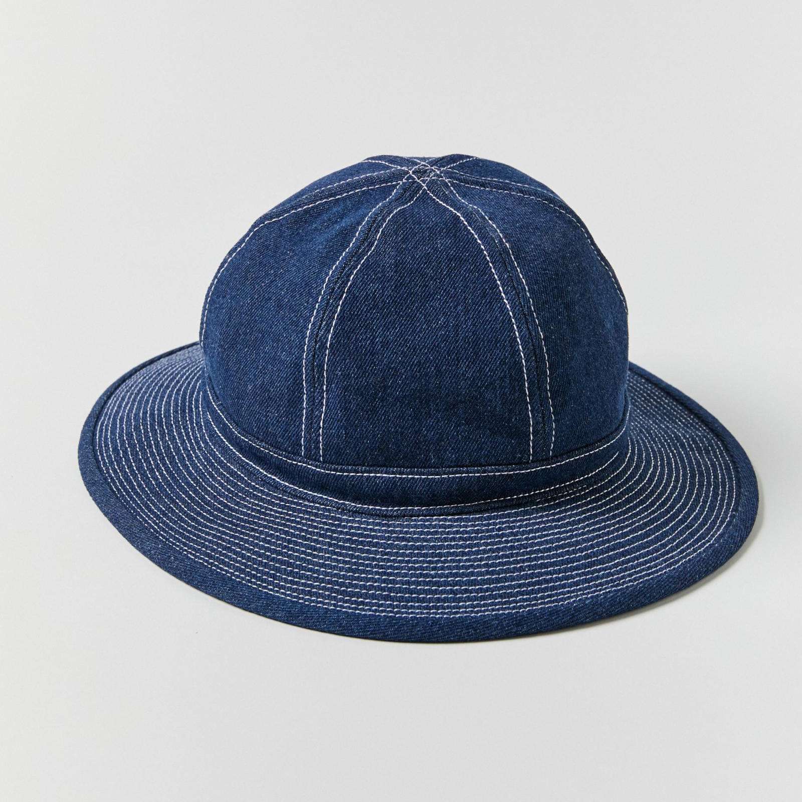 Six panel round bucket hat made from cotton denim with paneled crown construction
