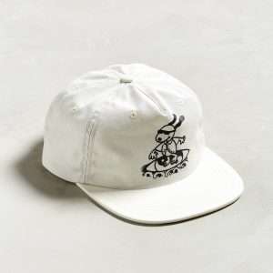 Front view of screen printed logo 5 panel hat made from cotton twill with flat brim.