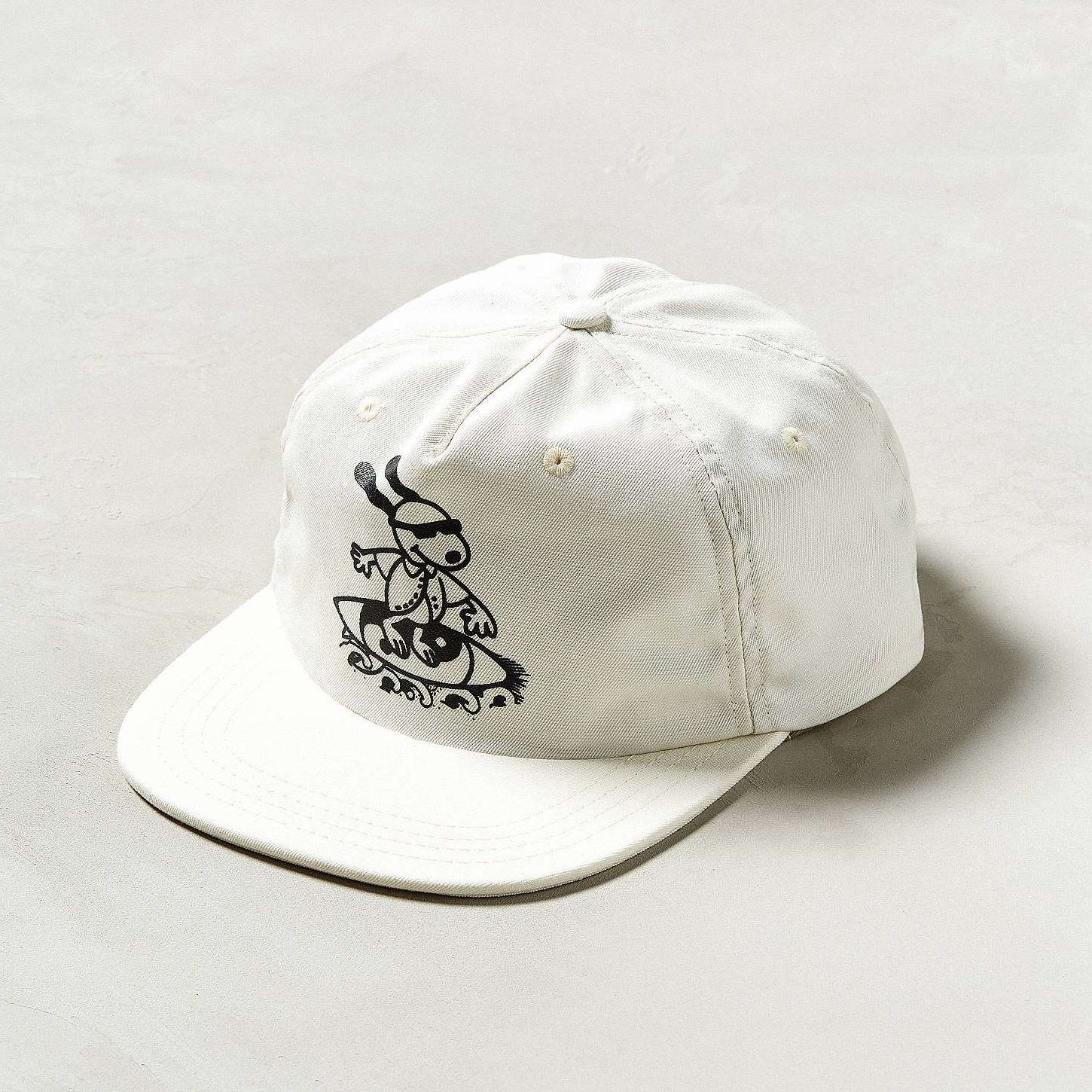 Front view of screen printed logo 5 panel hat made from cotton twill with flat brim.