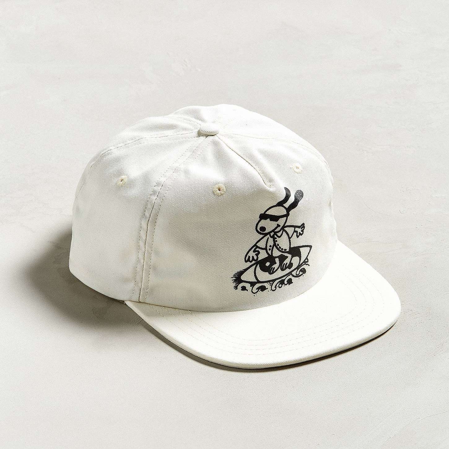 Front view of screen printed logo 5 panel hat made from cotton twill with flat brim.