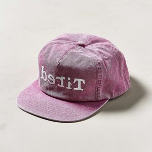Front view of stone washing 5 panel hat made from cotton twill with front screen print by Boldhatmaker.