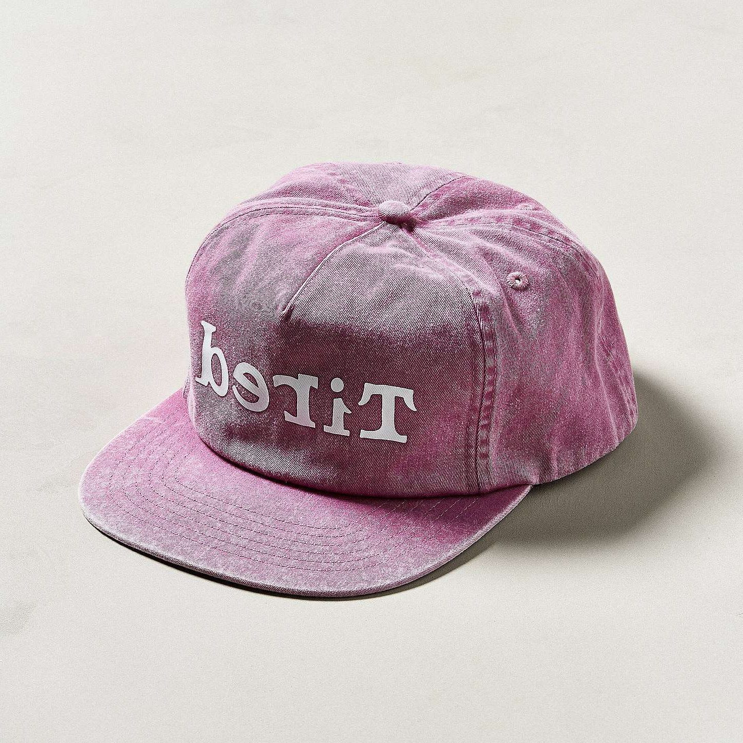Front view of stone washing 5 panel hat made from cotton twill with front screen print by Boldhatmaker.