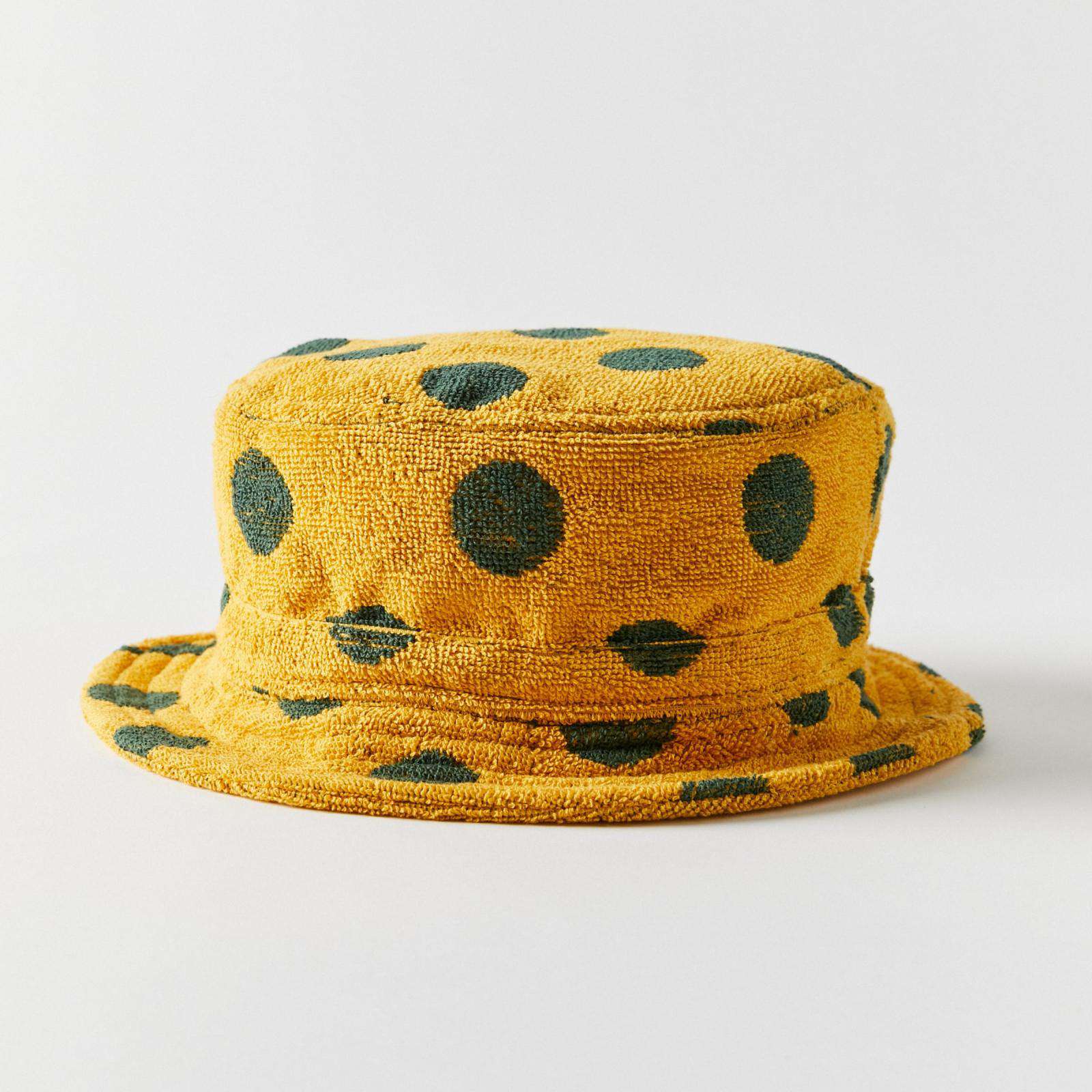 Custom terry bucket hat with sublimated print and flat crown design