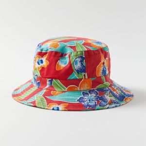 Vintage floral bucket hat in woven cotton with pigment printed flowers and flat top crown