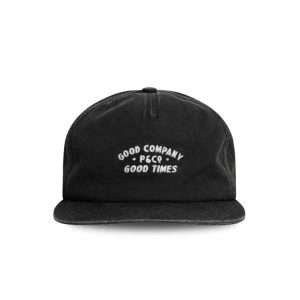 Front view of washed black 5 panel hat with embroidered lettering on cotton twill by Boldhatmaker.