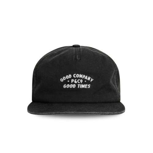 Front view of washed black 5 panel hat with embroidered lettering on cotton twill by Boldhatmaker.