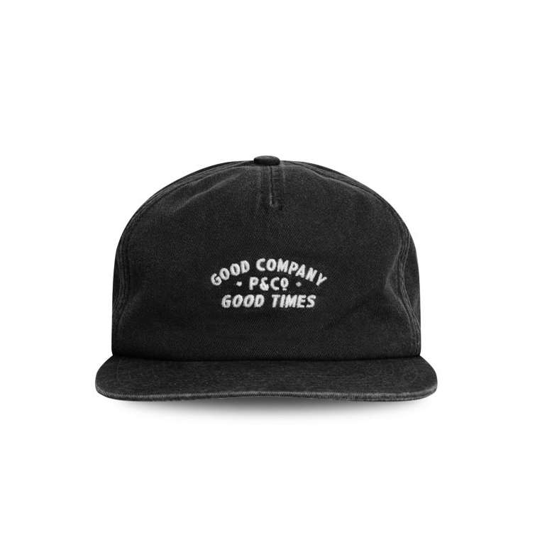 Front view of washed black 5 panel hat with embroidered lettering on cotton twill by Boldhatmaker.