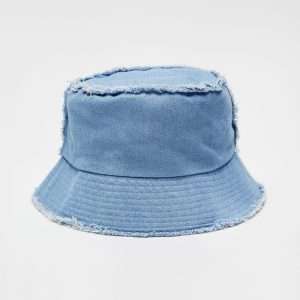 Sky blue frayed canvas bucket hat with flat crown and reinforced stitched brim