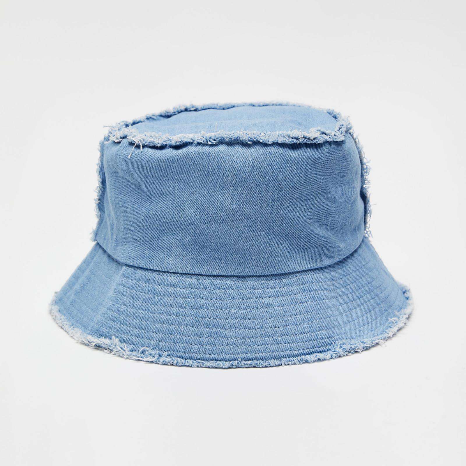 Sky blue frayed canvas bucket hat with flat crown and reinforced stitched brim