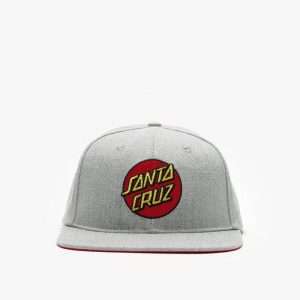 Heather grey six panel snapback cap with flat reinforced brim and embroidered front logo