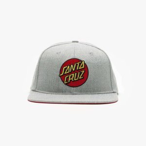 Heather grey six panel snapback cap with flat reinforced brim and embroidered front logo