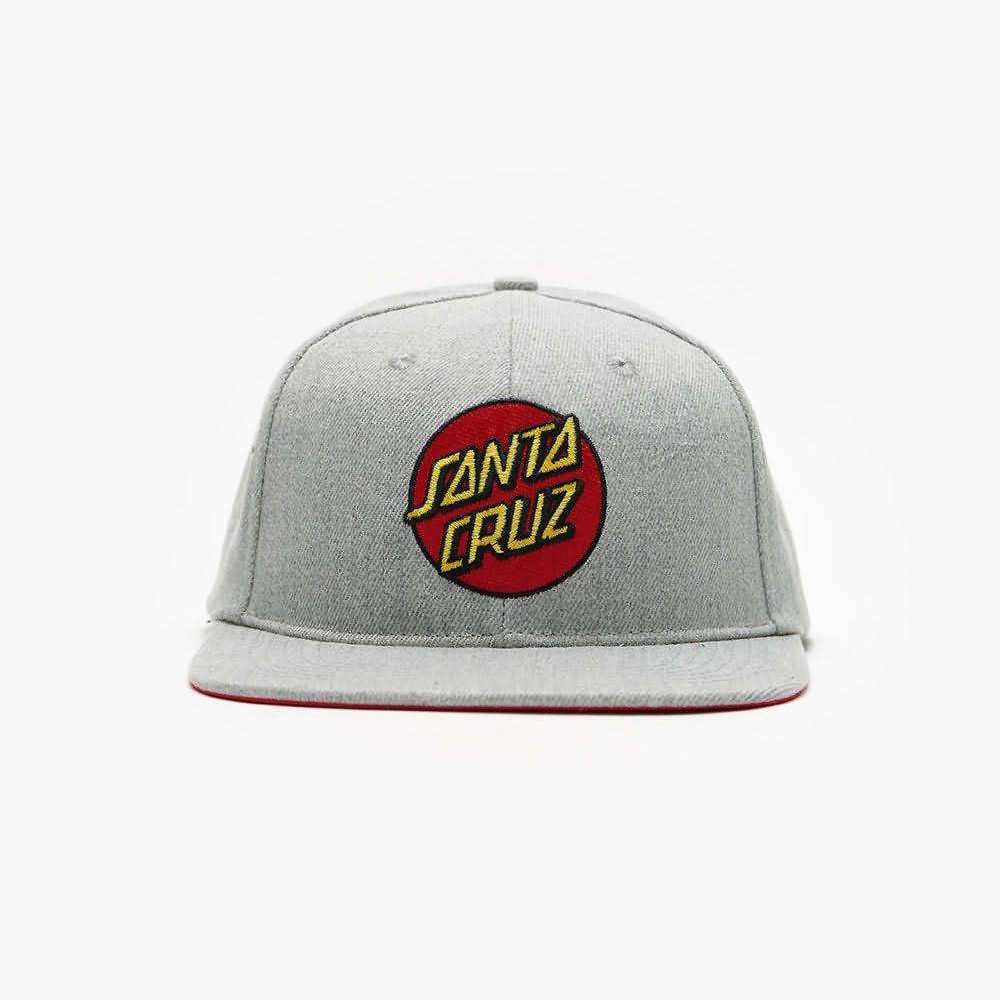 Heather grey six panel snapback cap with flat reinforced brim and embroidered front logo