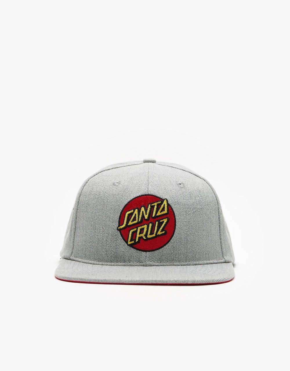 Heather grey six panel snapback cap with flat reinforced brim and embroidered front logo