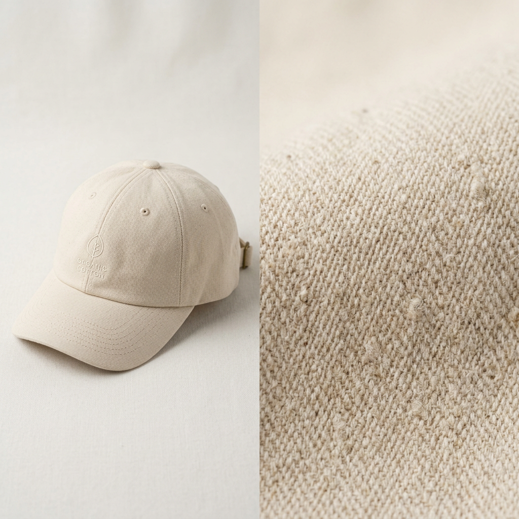 Close-up of organic cotton fabric and custom hat