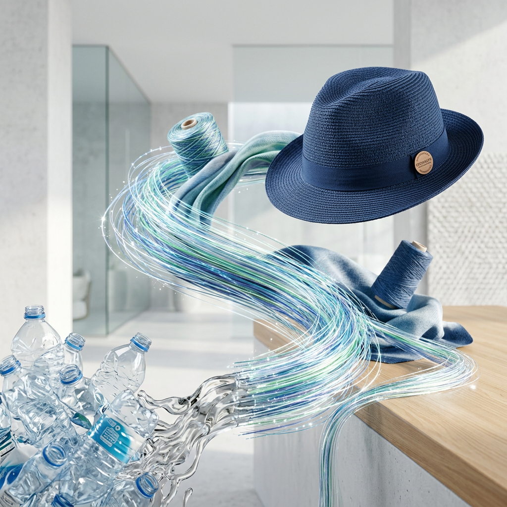 Conceptual art of recycled plastic bottles turning into hat fibers