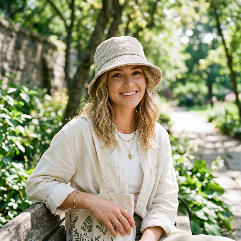 Person wearing an eco-friendly custom bucket hat outdoors