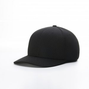 Front three-quarter view of a blank black 6-panel performance mesh fitted cap with a structured crown and sewn eyelets.