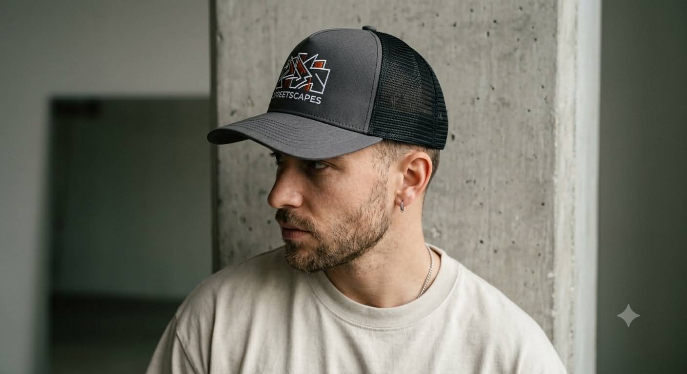 Profile view of a male model wearing a charcoal gray 5-panel trucker hat with a black mesh back and front geometric embroidery, standing against a textured concrete pillar.