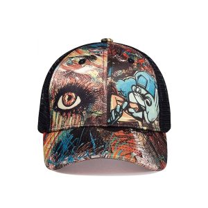 Front view of a 6-panel structured trucker hat featuring full-coverage digital dye-sublimation graffiti printing on polyester front panels.