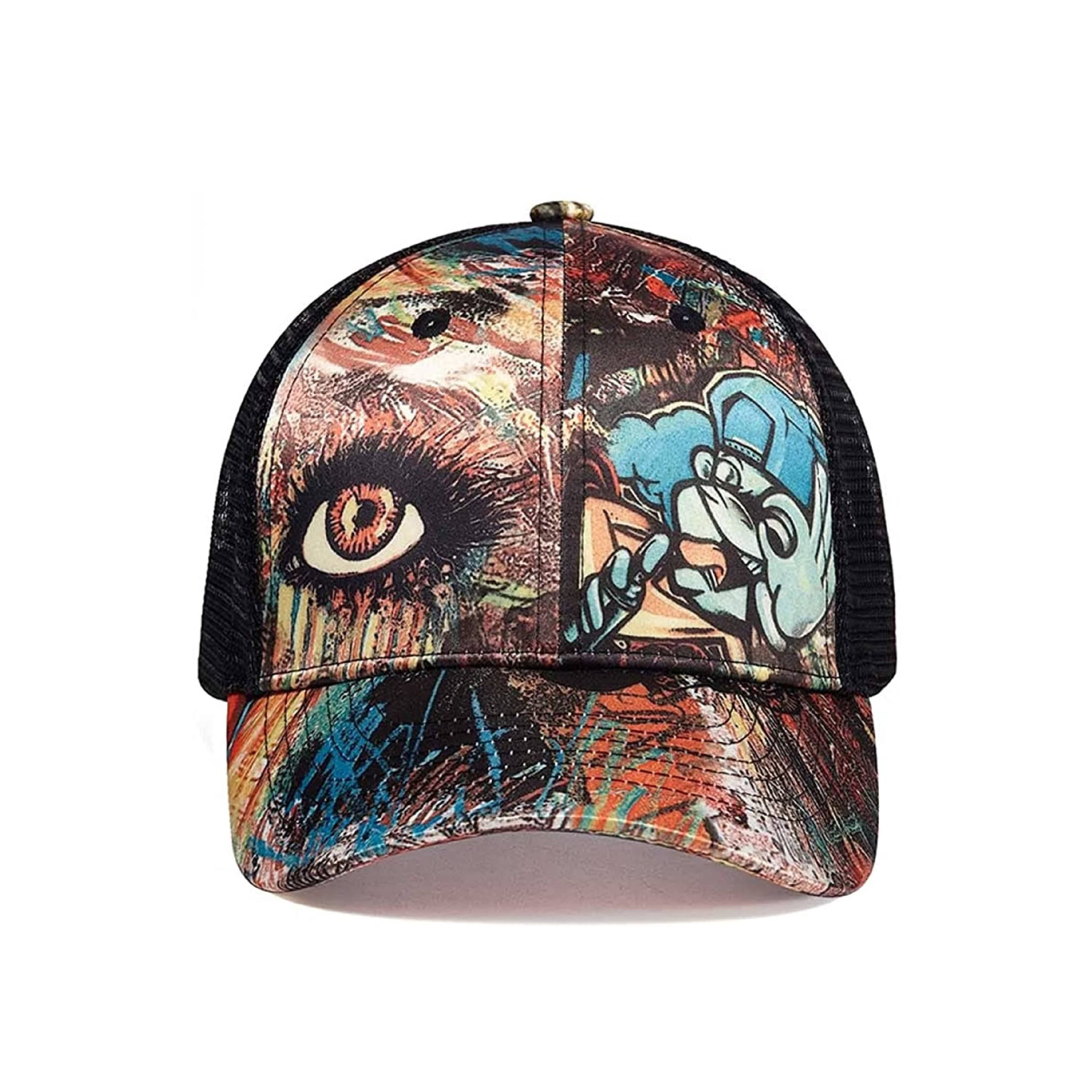 Front view of a 6-panel structured trucker hat featuring full-coverage digital dye-sublimation graffiti printing on polyester front panels.