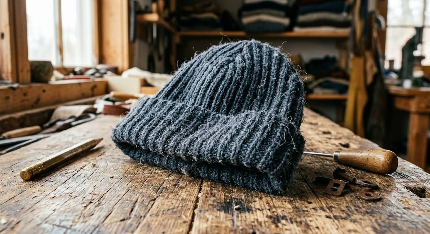 A textured charcoal gray heavy ribbed knit wool beanie cap centered on a rustic wooden craftsman workbench next to classic workshop tools.