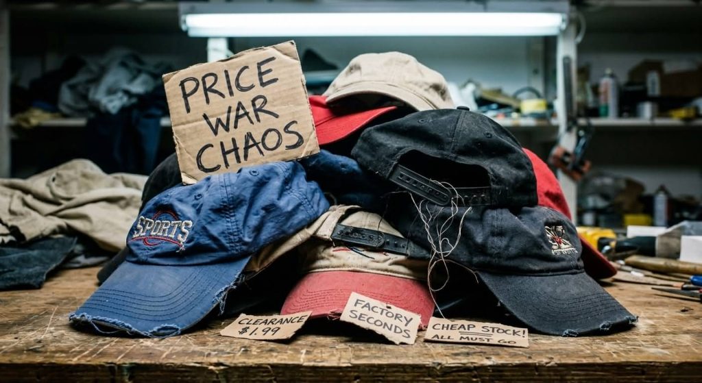 A disorganized pile of cheap, low-quality baseball caps on a wooden workbench with cardboard signs reading PRICE WAR CHAOS, FACTORY SECONDS, and CLEARANCE.