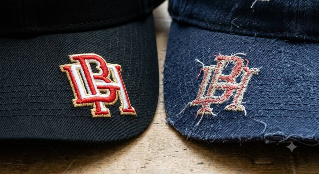 Side-by-side comparison of premium 3D puff embroidery vs cheap flat embroidery on custom hat brims | BoldHatMaker