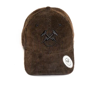 Direct front view of a brown corduroy 6-panel dad hat showing crisp tonal black high-density embroidery of crossed hammers and lightning bolts on textured ribbed wale fabric, with a white brim sticker.