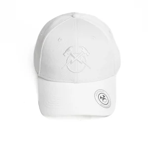 Direct front view of a white unstructured cotton twill dad hat displaying centered tonal white flat embroidery across the front seam, a circular black-and-white branded sticker on the pre-curved brim, and soft low-profile crown structure.